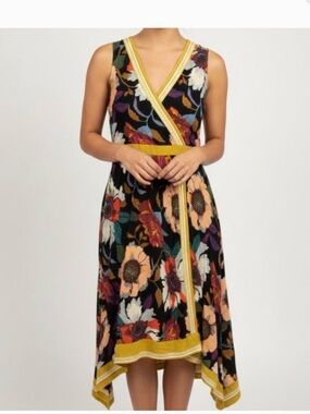 Maeve Anthropologie Botanical Floral Faux Wrap  Midi Dress Size 12